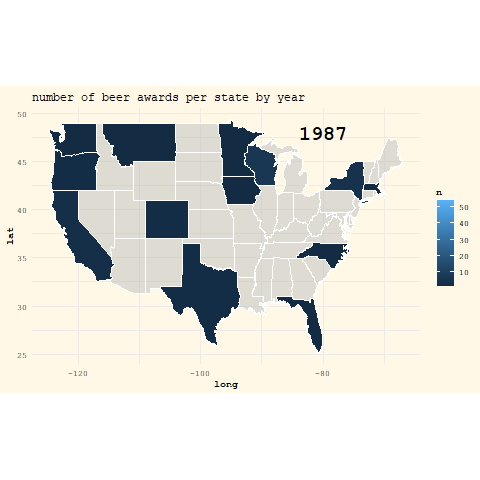 gif showing the number of beer awards per state from 1987 - 2020